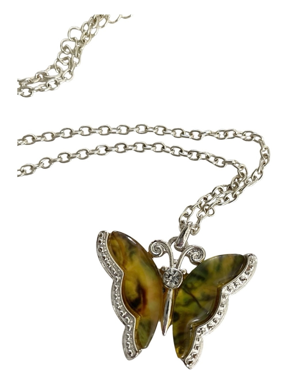 Silver-Tone Butterfly Pendant Necklace with Green Abalone Marbled Wings